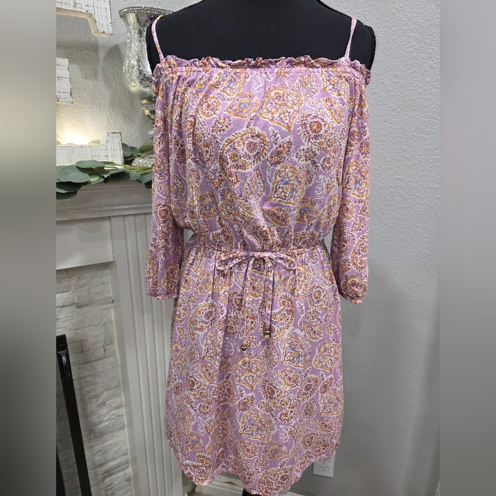 BeBop Off-Shoulder Long Sleeve Dress in Pink and Gold